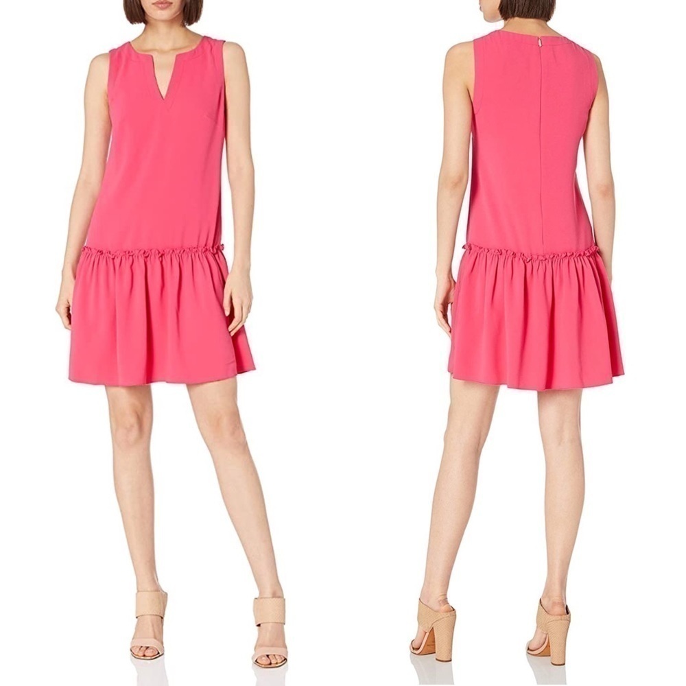 TRINA TURK YARROW SLEEVELESS DROP WAIST NOTCH NECK RUFFLE HEM DRESS